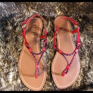Ralph Lauren Red & Blue Leather Thong Sandal, Size 7.5